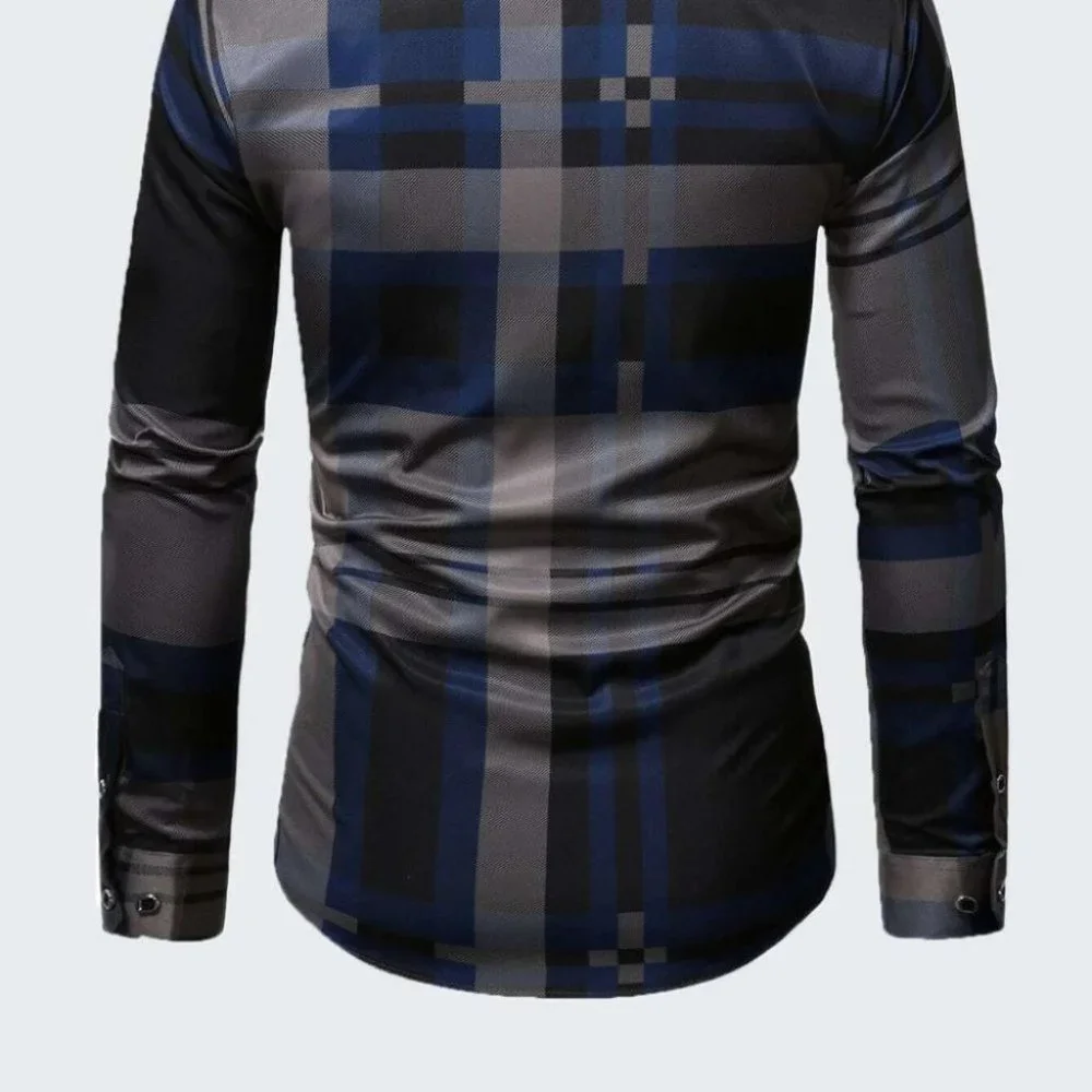 Business Casual Blue Men's Plaid Print Shirt - Picture 5 of 9